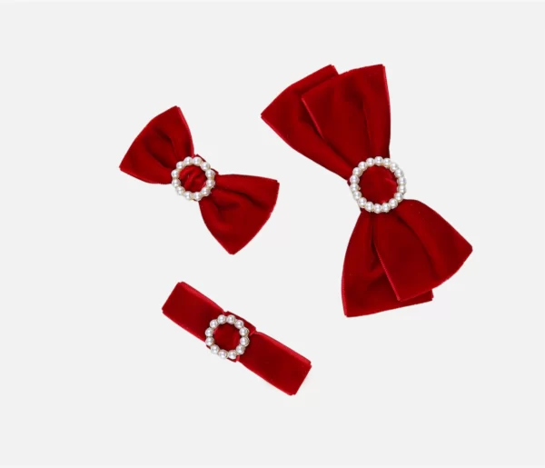 OVERSIZED PEARL VELVET BOW ~ RED - Image 2